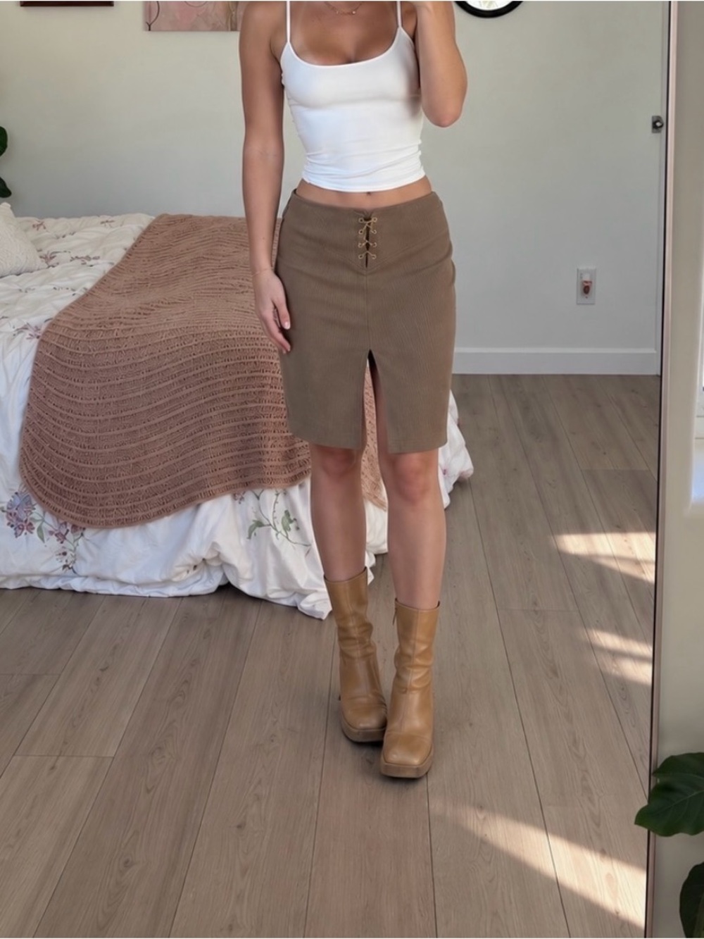 High-Rise Lace-Up Mini Skirt in Tan